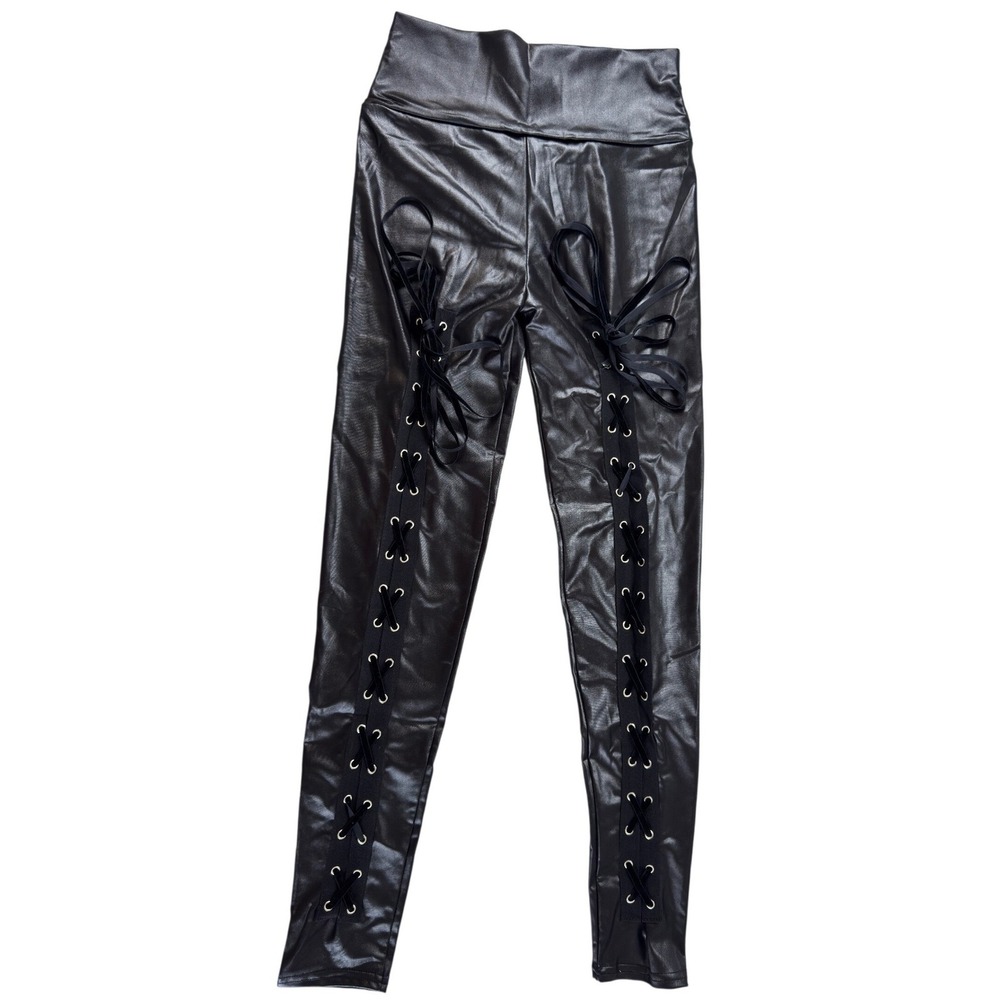 Black sheen material faux leather mimic Lace Up Front Leggings High Waisted